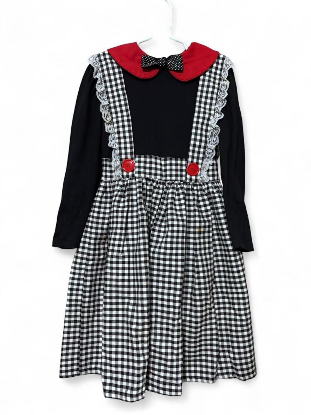 Vintage 80’s Girls Black & White Gingham Jumper Dress with Red Collar